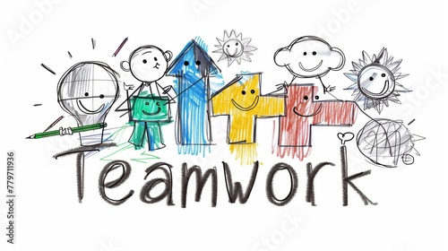 Childlike drawing of stick figures and the word 'Teamwork', symbolizing unity.