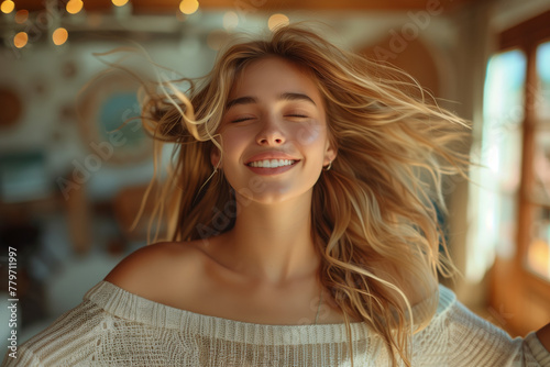 Beautiful happy woman with close eyes dancing at home in living room. Smiling adult lady enjoys to staying at home  weekend or holidays in summer. Calm and happiness concept.
