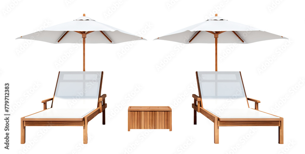 Fototapeta premium Two sun loungers with parasols, cut out