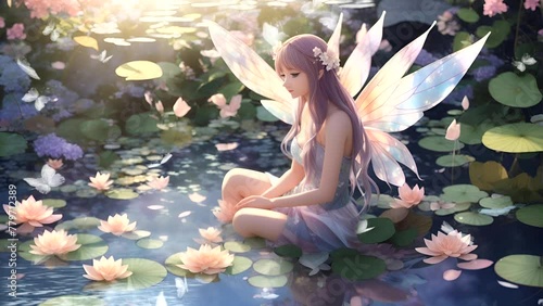 Looping Time-Lapse Animation of Beautiful Fairy-like Woman Floating in a Fish Pond. photo