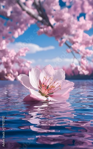 Pink Sakura Blossom Floating Gracefully on Tranquil Water of a Lake with Blue Sky Reflection in Spring - serenity