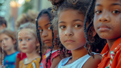Photograph of diverse ethnicity group of kids walking on the street . Model photography.