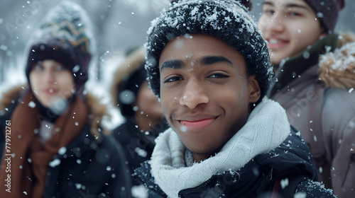 Photograph of diverse ethnicity group of young men and women at a snowy park in winter . Model photography.