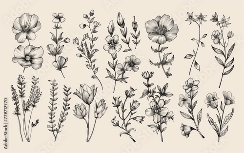 Hand drawn floral elements with sketchy style photo