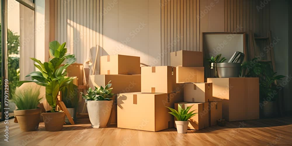 Moving day concept. Carton boxes stack with household belongings in modern house living room. 4K Video
