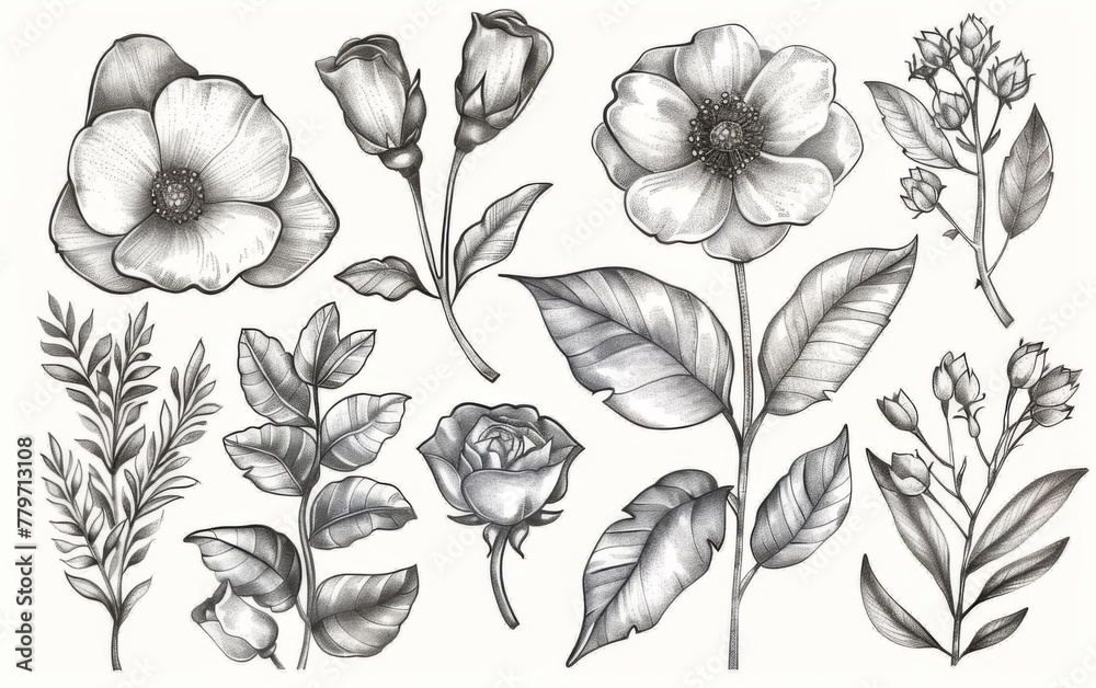 Hand drawn floral elements with sketchy style Hand drawn floral elements with sketchy style