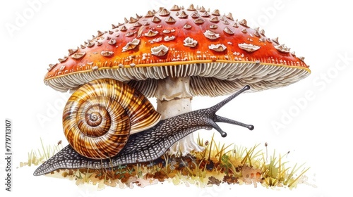 Spotted Snail Crawling on Vibrant Red Mushroom in Lush Forest Habitat