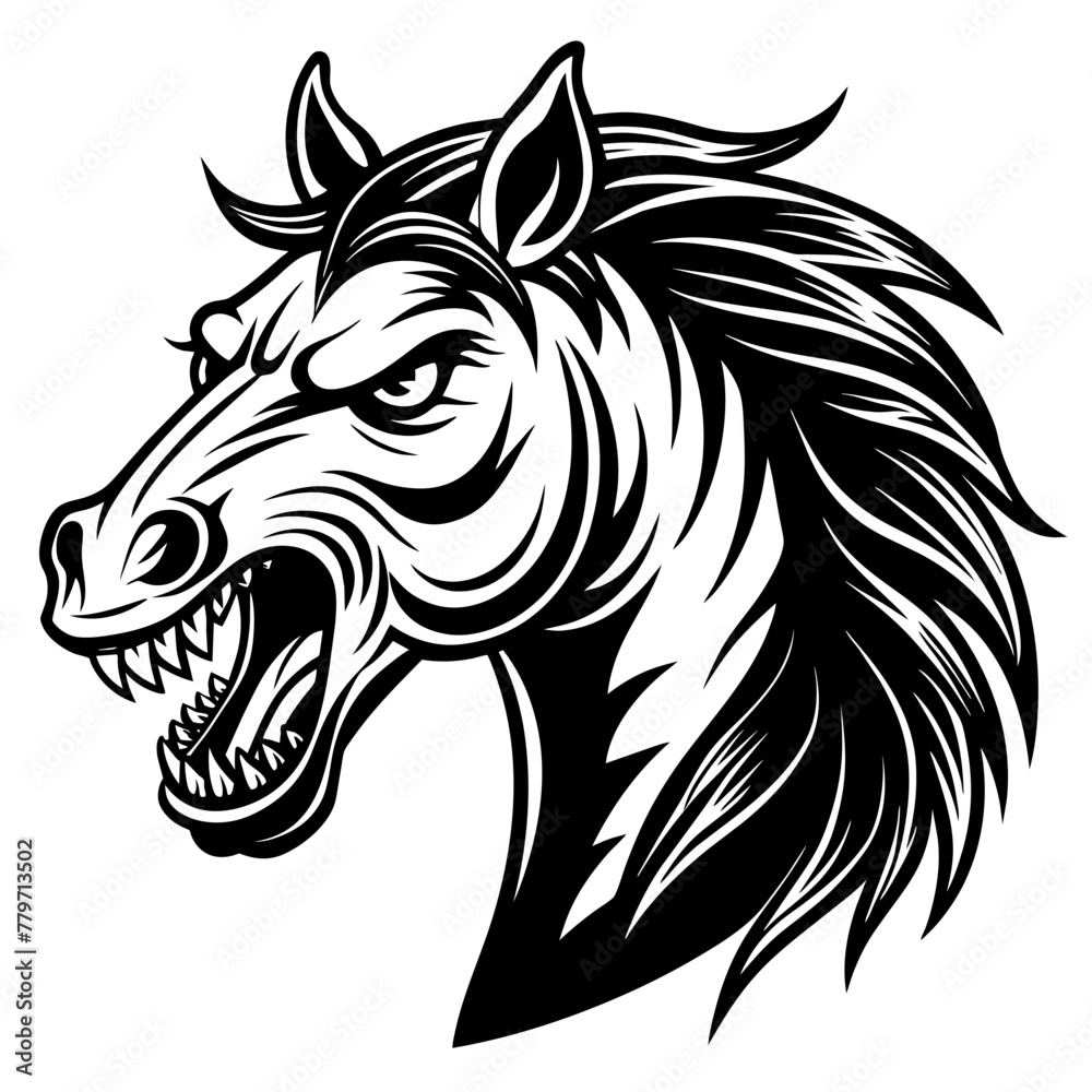 Fierce Horse Head Vector Illustration in Black and White. Horse Logo 
