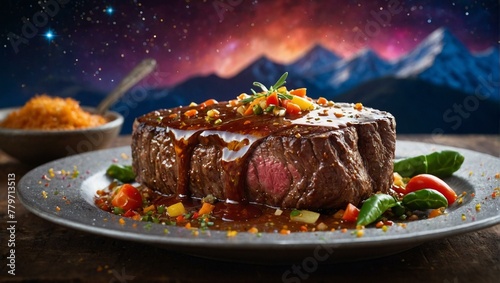 A perfectly cooked steak garnished with herbs and spices laid out on a plate against a mountainous starry night backdrop