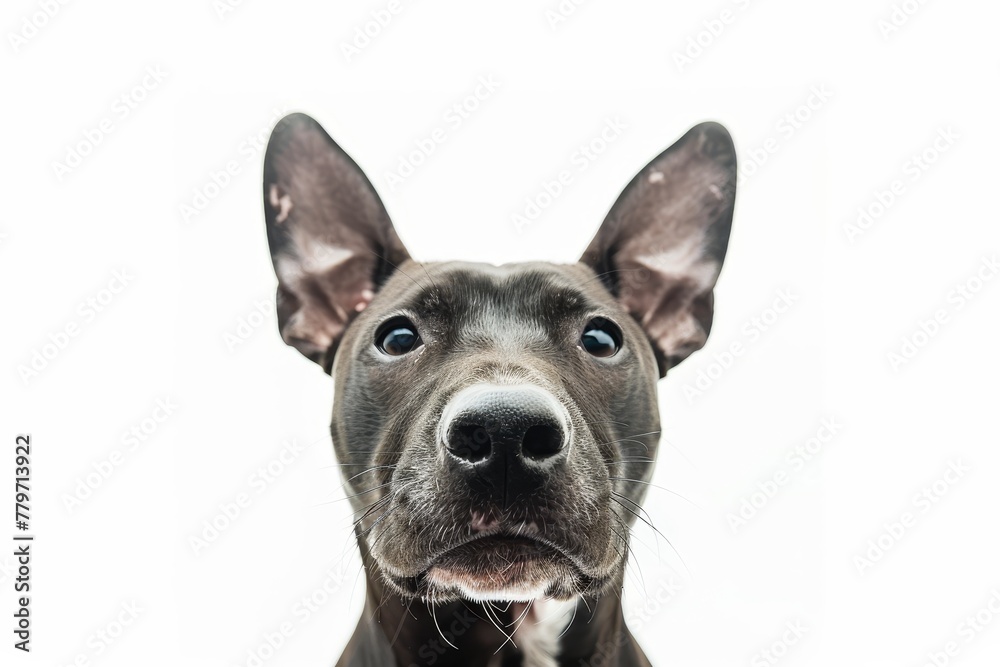 White background with bull terrier wearing a muzzle