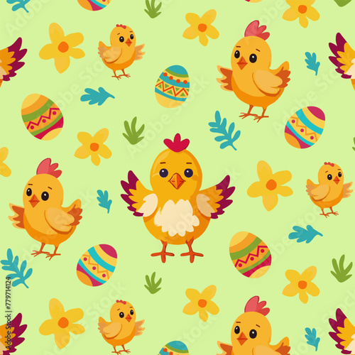 light greenEaster pattern with chicks, eggs, yellow flowers and grass