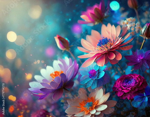 Um mix de flores diversas, coloridas, formando um barrado com fundo azul claro. photo