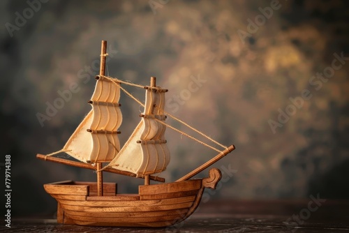 Wooden toy ship model on dark background photo