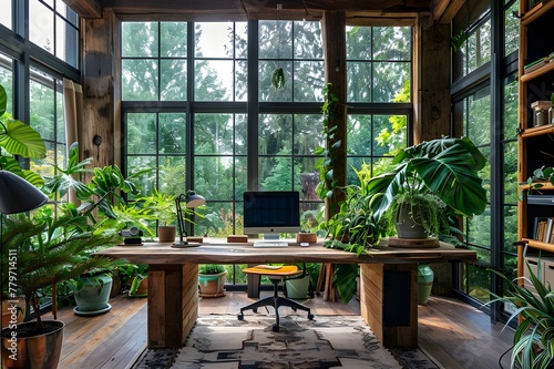 A home office with a wooden desk  a computer  many potted plants  and large windows.