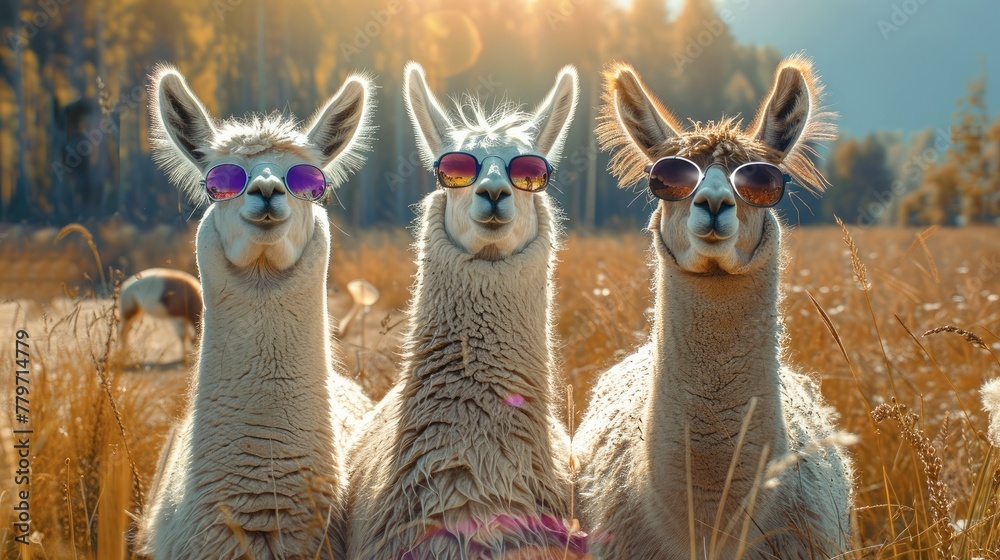 Fototapeta premium Three llamas wearing sunglasses standing in a field. Generative AI.