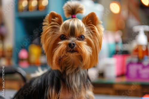 Yorkshire terrier getting groomed in salon Pet care and owners