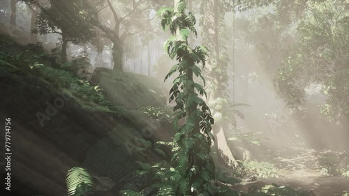 morning fog in dense tropical rainforest photo