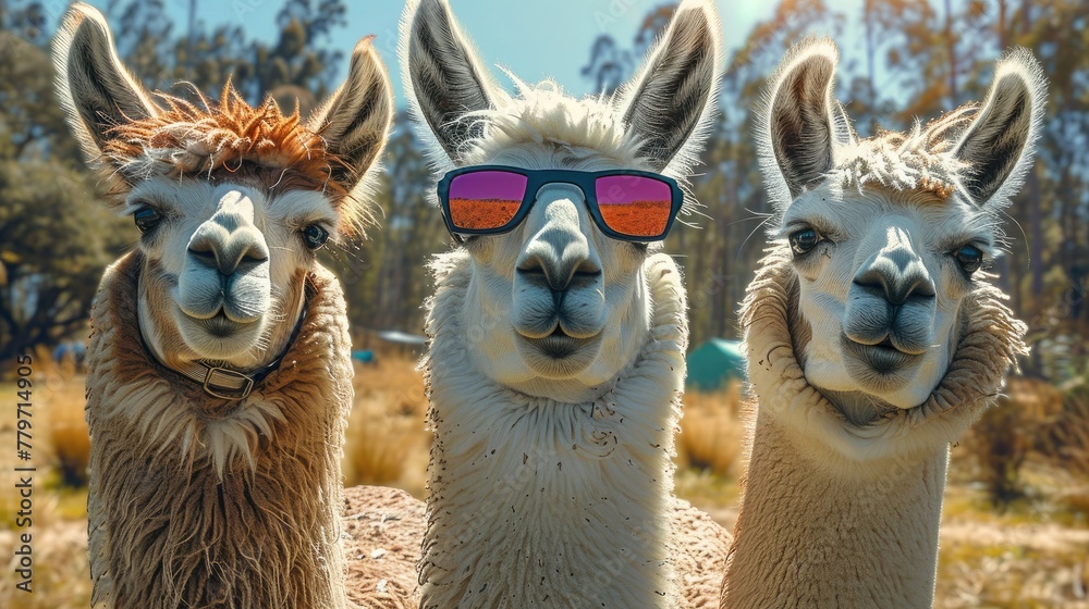 Three llamas wearing sunglasses standing in a field. Generative AI.