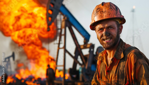 Oil pump worker portrait face with oil pump in background