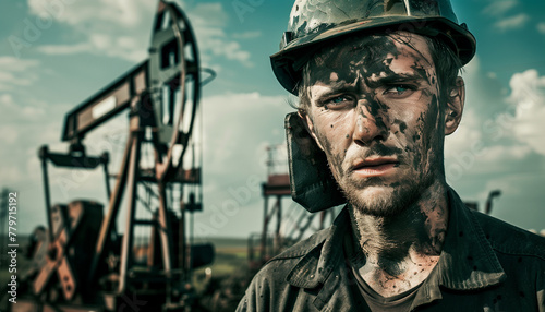 Oil pump worker portrait face with oil pump in background photo