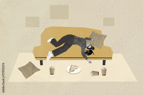 Composite photo collage of lazy girl lie sofa mess plate sandwich coffee cup pillow slob procrastination isolated on painted background photo