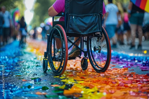 queer disabled wheelchair on gaypride, queer pride or disability pride month. rainbowcoloured wheelchair at gay pride photo