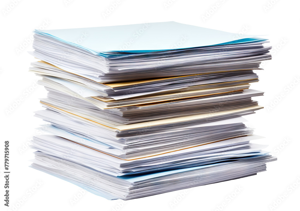 Towering stack of paperwork and files, cut out Towering stack of paperwork and files, cut out