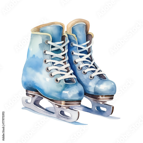 Stylish watercolor blue ice skates with white laces isolated on white background. © Nataliia Pyzhova