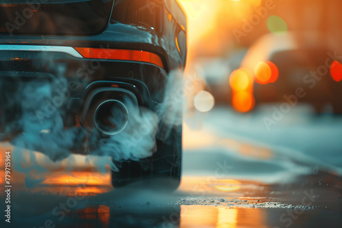 Close-up image of a car exhaust pipe with smoke. photo