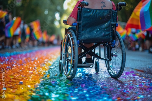 Intersectionality: queer disabled wheelchair on gaypride, queer pride or disability pride month. rainbowcoloured wheelchair at gay pride photo