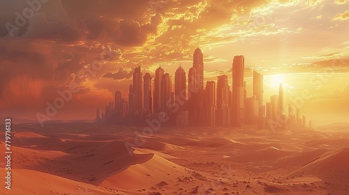 Surreal desert cityscape with melting skyscrapers symbolizing global warming impact.