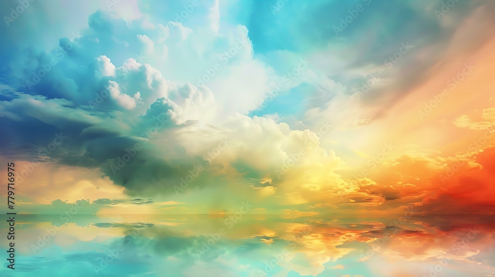 Beautiful paradise landscape picture, sky and clouds, nature, grass, meadow, river, wallpaper background