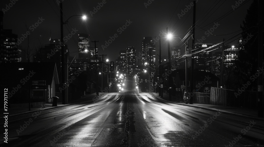 Misty City Street in Black and White
