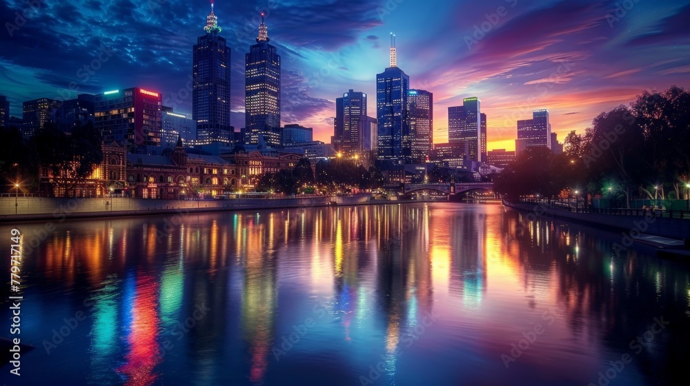 Sunset Skyline Reflection on City River