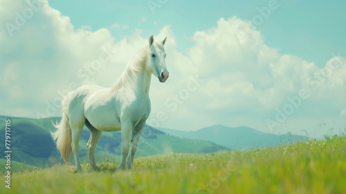 White horse, soft pastel colors, minimalism, sky blue background, serenity and calm, photography, long white mane, green grassy field with distant mountains, ethereal, dreamlike atmosphere © zayatssv