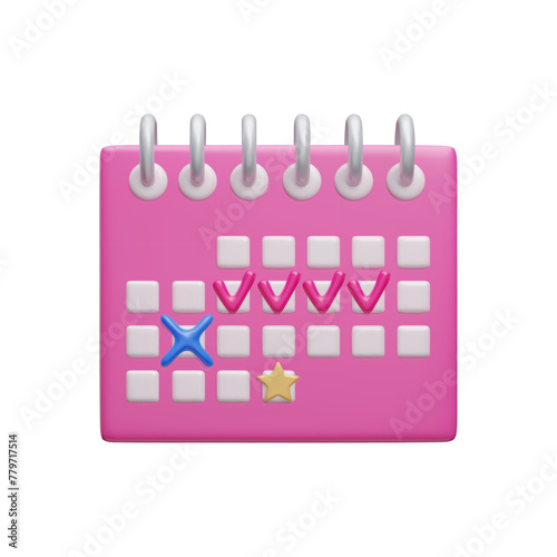 Cute 3D pink calendar vector icon isolated on white. Cartoon style pink month planner with different marks 3D render. Cute girlish business schedule 3D icon.