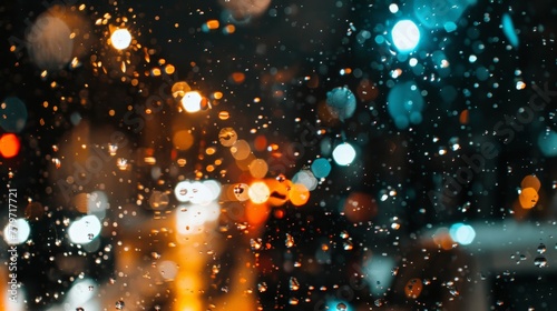 Raindrops Bokeh on Night City Window
