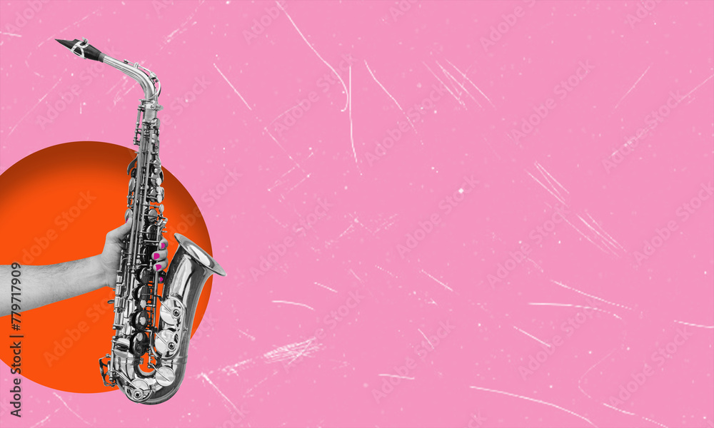 Abstract design with human hands holding a saxophone on a pink background. Classic sound.