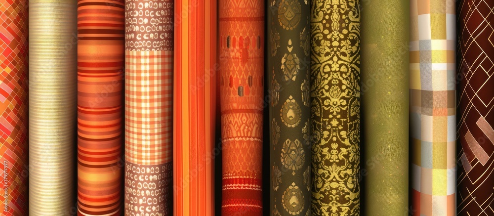A row of publications with diverse patterns, including amber wood tints and shades, metallic artistry, and electric blue accents, create a unique display of cylindershaped books A row of publications with diverse patterns, including amber wood tints and shades, metallic artistry, and electric blue accents, create a unique display of cylindershaped books