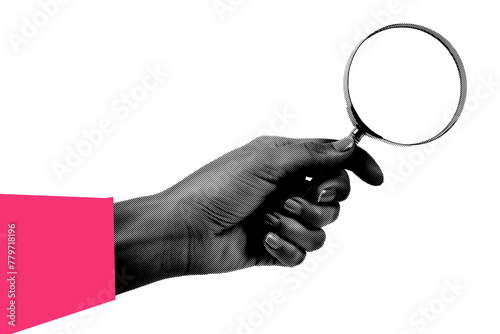 Trendy hand holding a magnifying glass, cutout hand halftone design element © ink drop