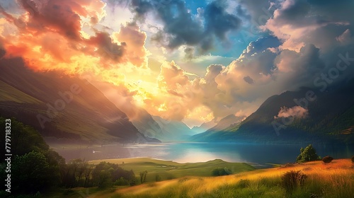 Beautiful paradise landscape picture, sky and clouds, nature, grass, meadow, river, wallpaper background © Filip