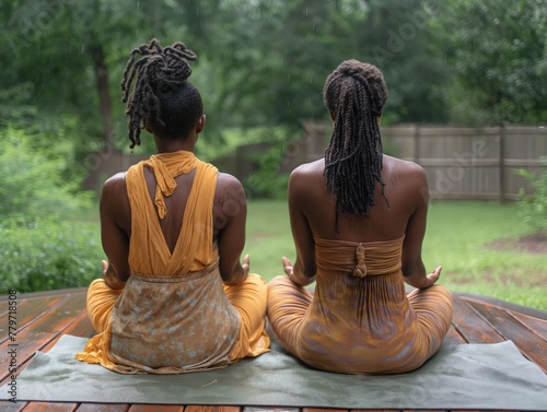 Two women sitting on a mat in the rain. One is wearing a yellow dress and the other is wearing a brown dress