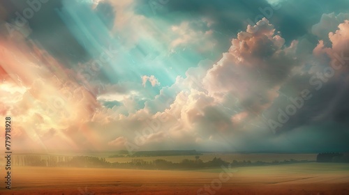 Beautiful paradise landscape picture, sky and clouds, nature, grass, meadow, river, wallpaper background photo