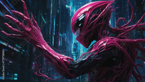 A gleaming, pulsating magenta-hued post-modern sonic symbiote, its form a blend of sleek curves and jagged edges that seem to vibrate with unseen energy. photo