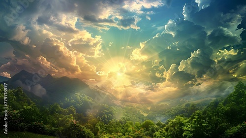 Beautiful paradise landscape picture, sky and clouds, nature, grass, meadow, river, wallpaper background © Filip