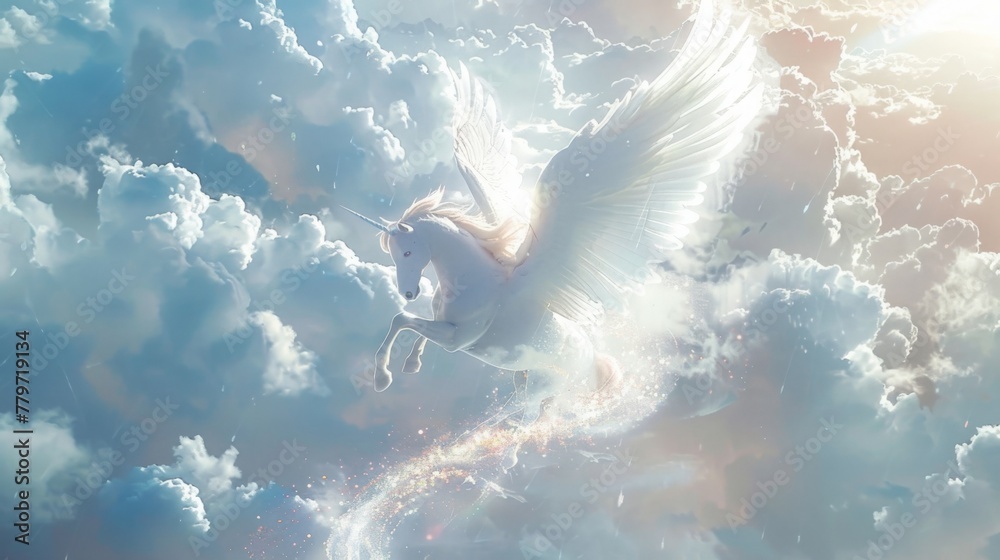 A fantasy scene of a couple riding a white pegasus through a cloud-filled sky, leaving a trail of shimmering white glitter in their wake, on their way to a romantic White Day celebration - obrazy, fototapety, plakaty 