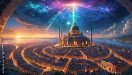 A grandiose palace basks under a celestial event, with the awe-inspiring cosmos unfolding above in a panoramic view.. AI Generation