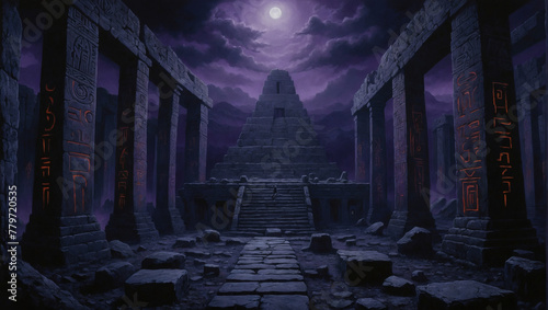 A hauntingly mysterious lost civilization is depicted in this eerie acrylic painting.