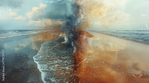 A double exposure of a pristine coastline blending with an oil spill serves as a stark reminder of the consequences of environmental negligence. photo