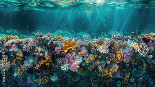 Here, a vibrant coral reef merges with images of plastic pollution, urging us to take action for marine conservation. photo